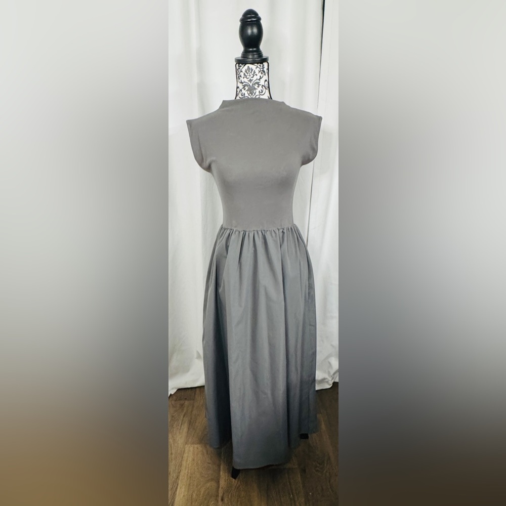 SHEIN Gray Cap Sleeve Gathered Waist Maxi Dress